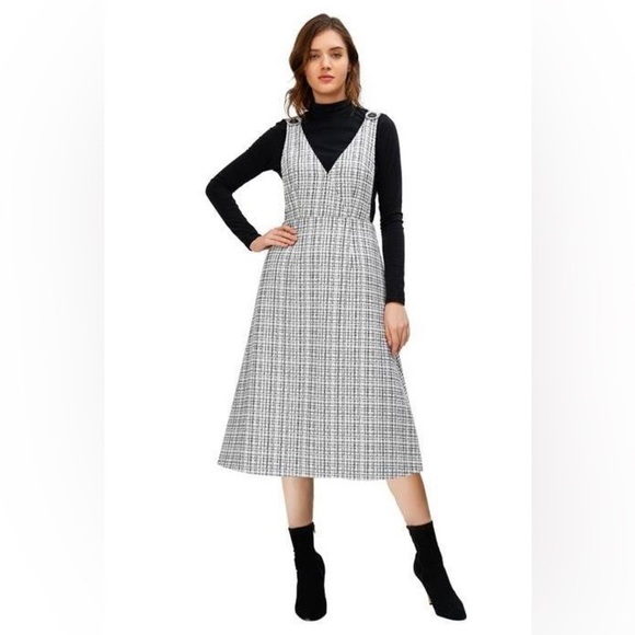 eShakti Lurex Boucle Tweed Pinafore Dress Medium 10 white black jumper midi - Picture 14 of 14